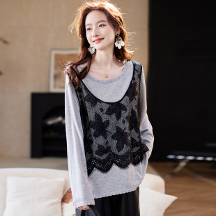 休闲内搭上衣女 洋气宽松大码 宝诗黎两件蕾丝拼接针织衫 2025秋季
