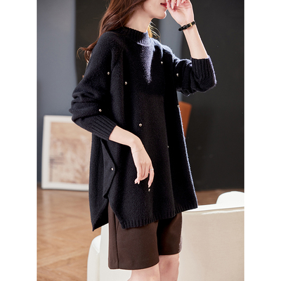 宝诗黎半高领钉珠宽松毛衣