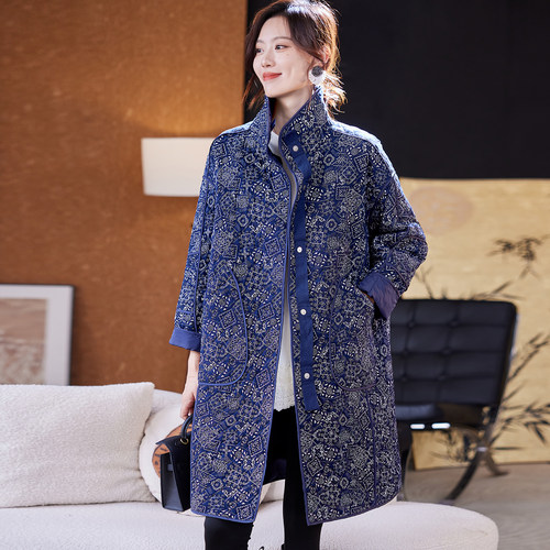 宝诗黎长款印花夹棉外套