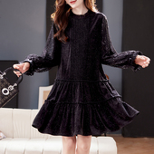 时尚 宝诗黎网纱亮片拼接长袖 连衣裙2025冬季 气质显瘦A字休闲裙潮