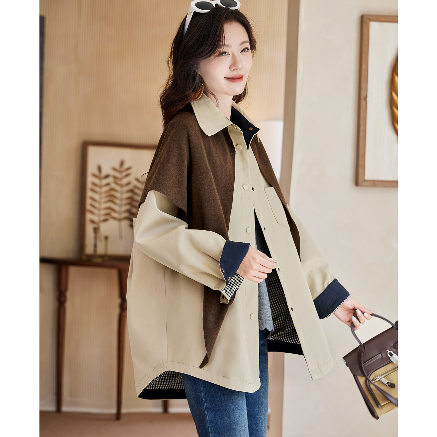 宝诗黎中长款披肩风衣外套2026春季韩系气质休闲百搭宽松大码女装,女装/女士精品,短外套,淘宝优惠券,粉丝福利购,淘宝优惠卷