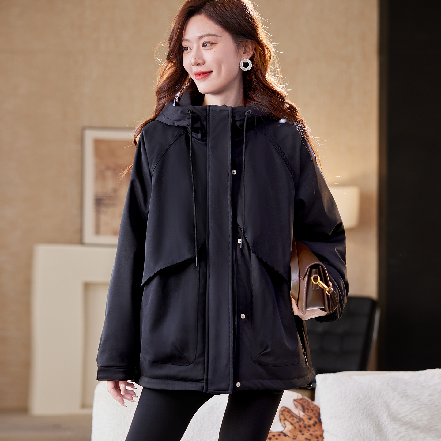 宝诗黎连帽宽松鸭绒羽绒服