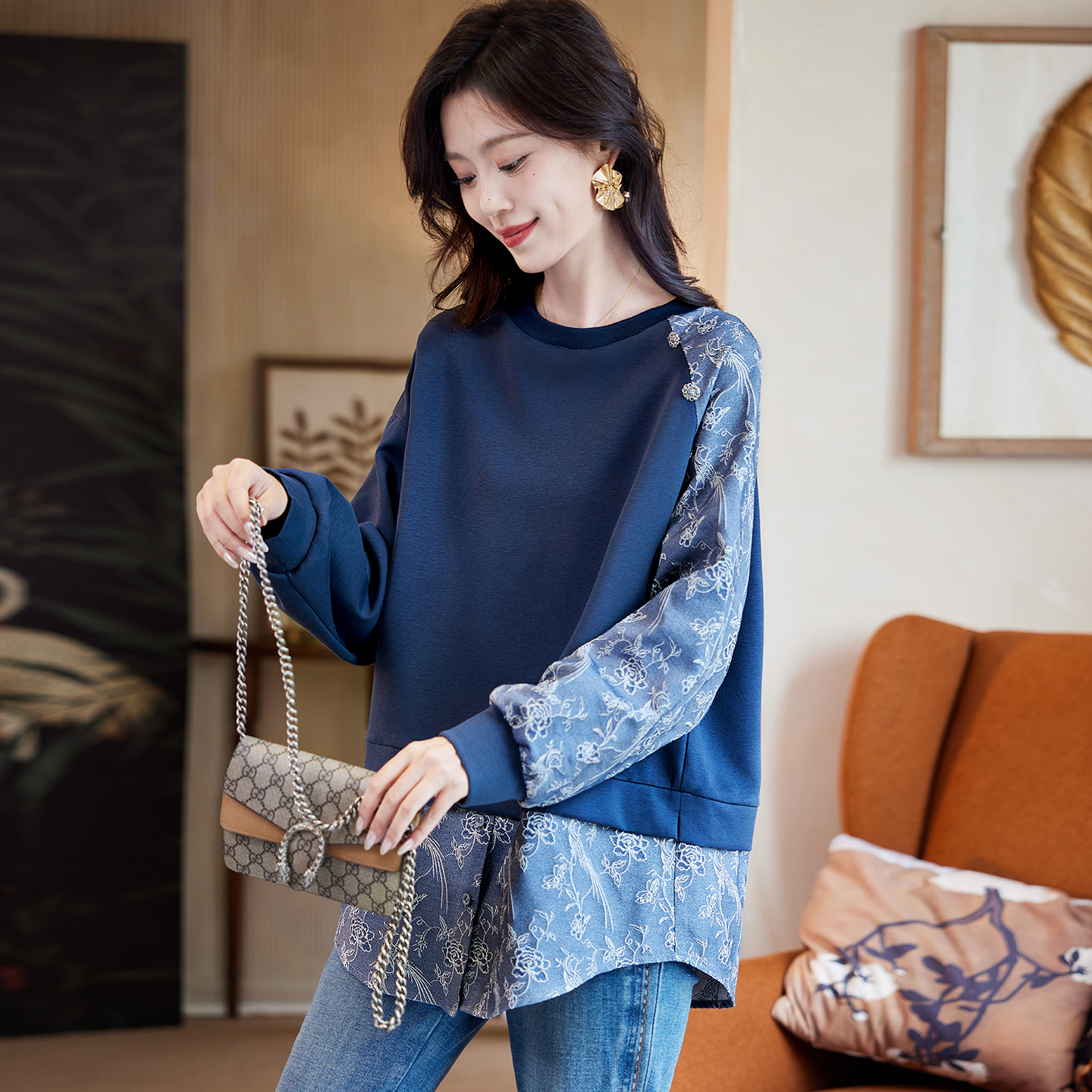 宝诗黎假两件提花拼接卫衣