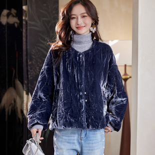 女装 洋气休闲百搭慵懒宽松大码 丝绒棉服2025冬季 宝诗黎圆领蝙蝠袖