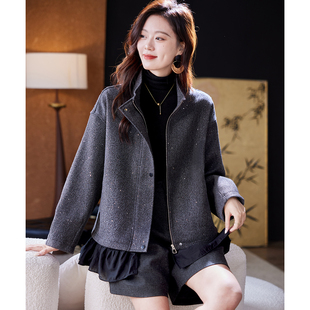 宝诗黎小立领拼接亮片外套2026春季洋气休闲百搭时尚宽松大码女装