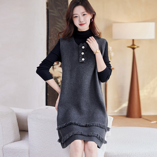 宝诗黎圆领针织背心连衣裙2026早春简约气质韩系老钱风休闲直筒裙