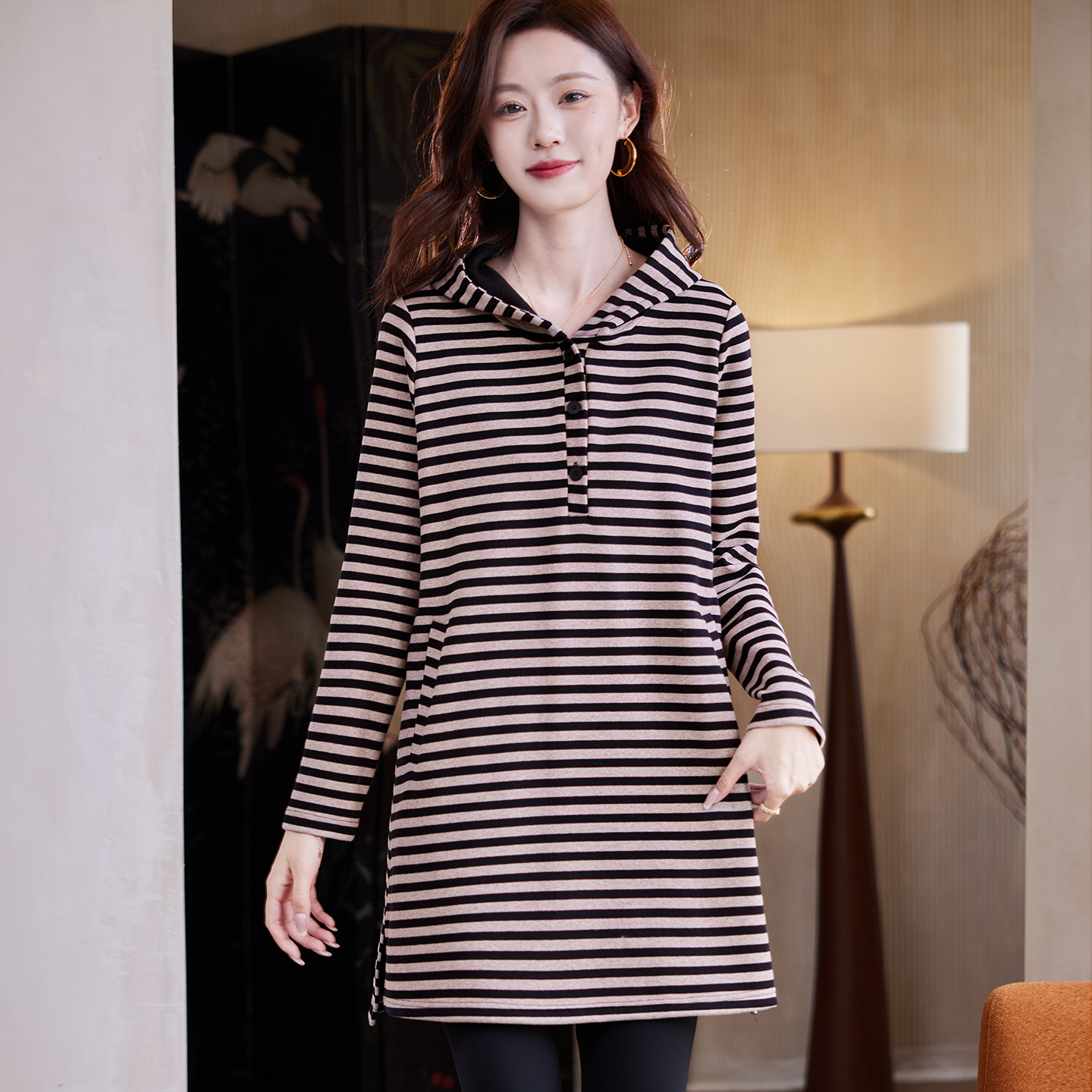 宝诗黎连帽条纹中长款卫衣2025秋冬韩版减龄宽松休闲棉质上衣女