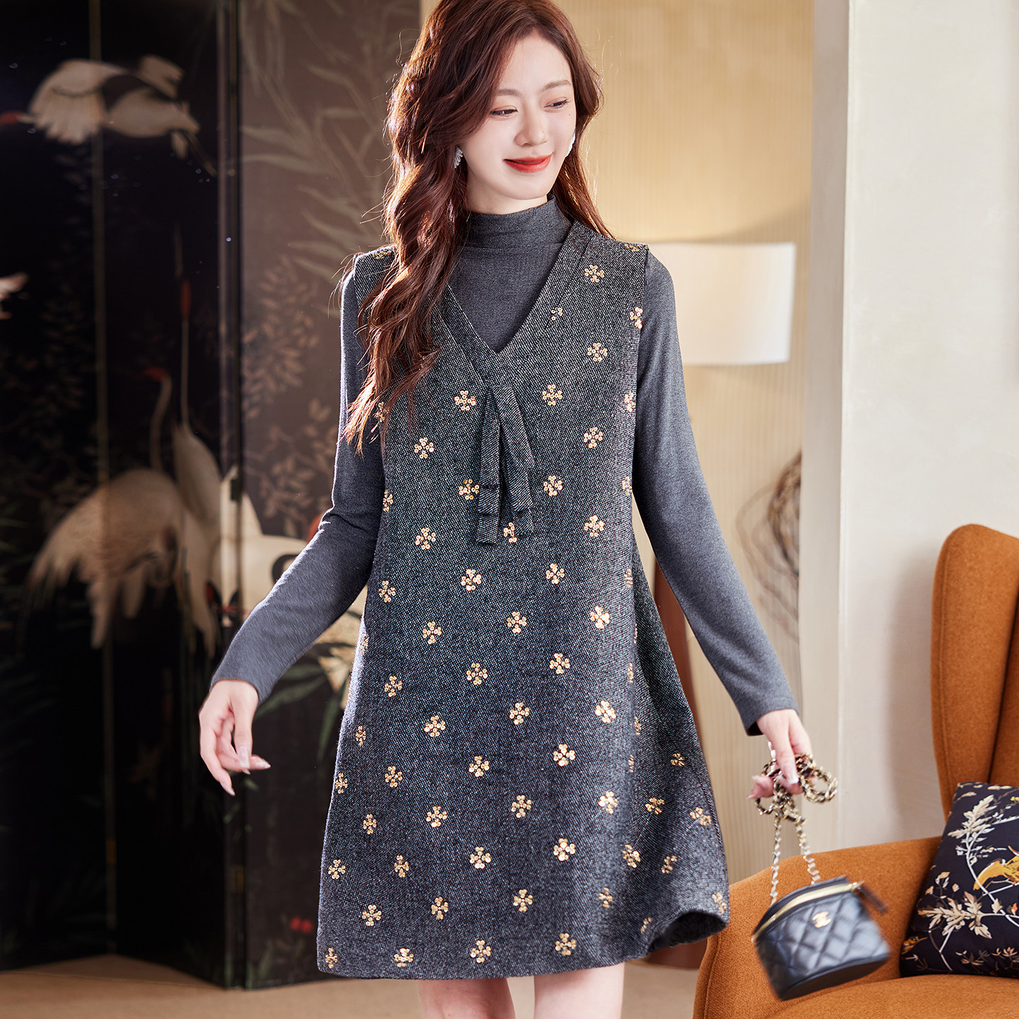 宝诗黎两件套钉珠亮片连衣裙2025冬季时尚小香风气质韩系背心裙,女装/女士精品,连衣裙,淘宝优惠券,粉丝福利购,淘宝优惠卷