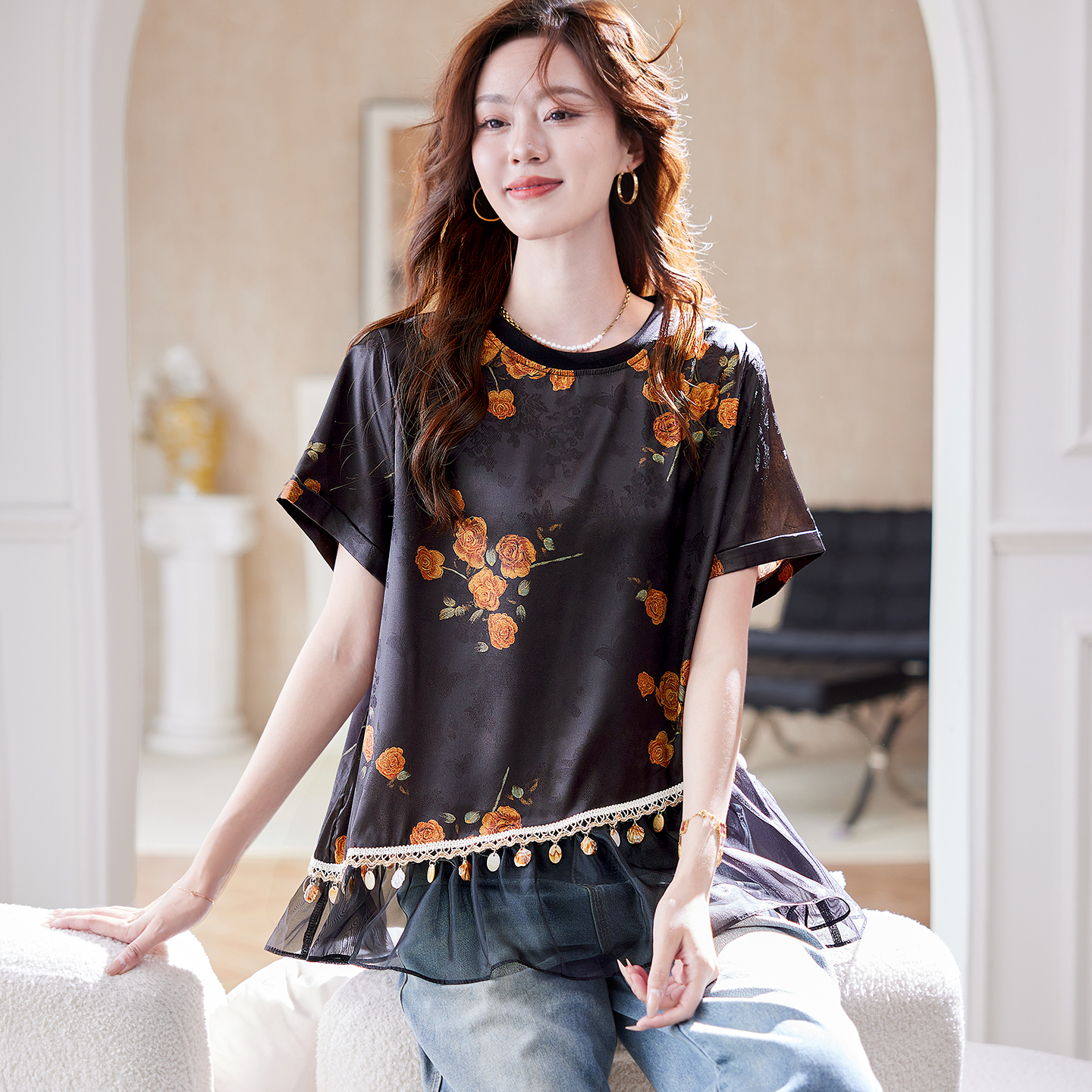 宝诗黎圆领提花拼接短袖上衣