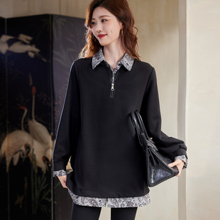 宝诗黎假两件提花拼接卫衣2026春季 棉质上衣 洋气宽松百搭休闲时尚