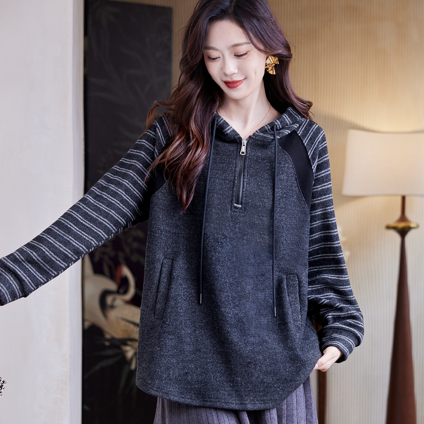 宝诗黎连帽条纹拼接卫衣2025秋冬韩版宽松减龄百搭休闲慵懒上衣女