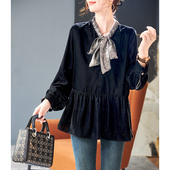 长袖 新款 休闲套头上衣女 2026春季 宝诗黎拼接系带圆领亮丝丝绒小衫