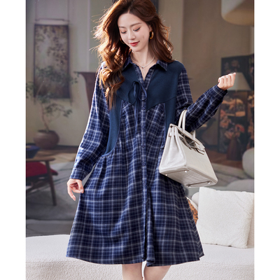 宝诗黎假两件格子拼接连衣裙