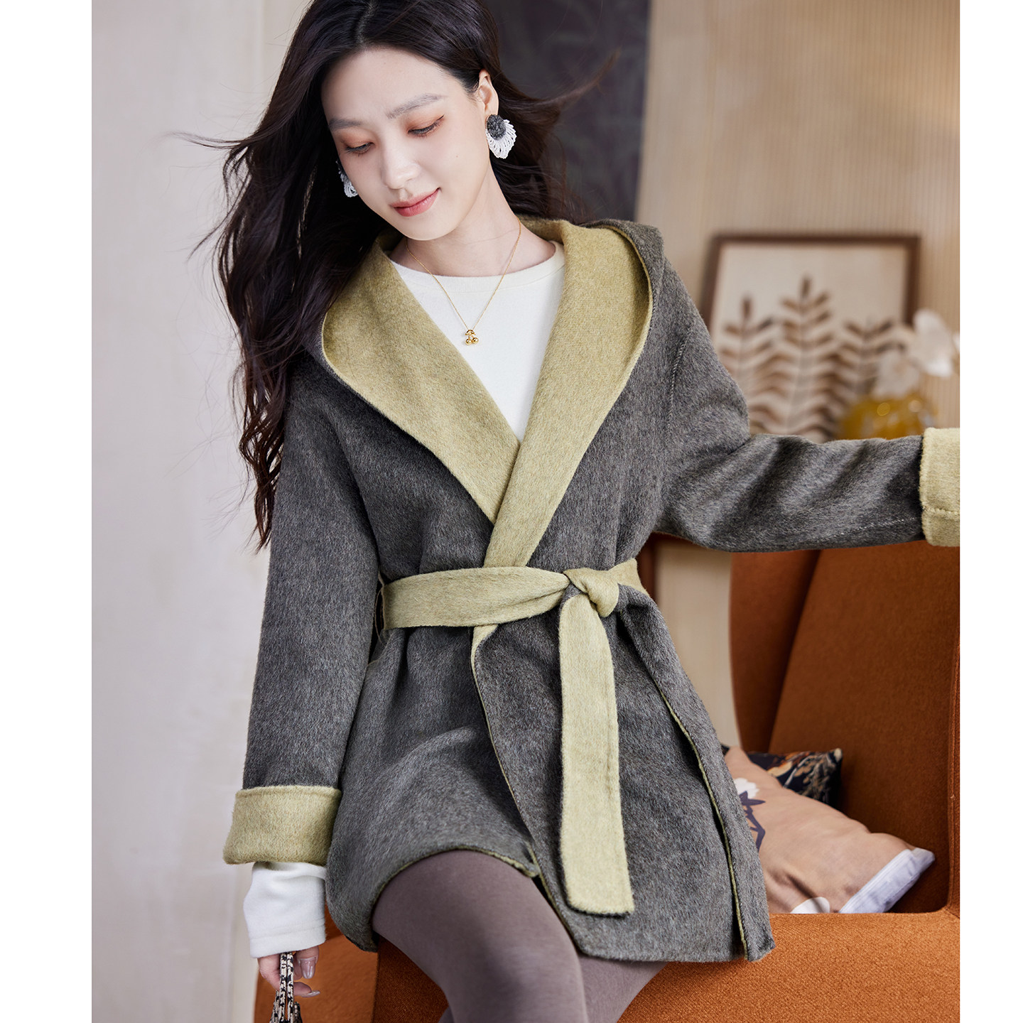 宝诗黎连帽绵羊毛毛呢外套女2026春季气质宽松慵懒百搭收腰大衣,女装/女士精品,毛呢外套,淘宝优惠券,粉丝福利购,淘宝优惠卷