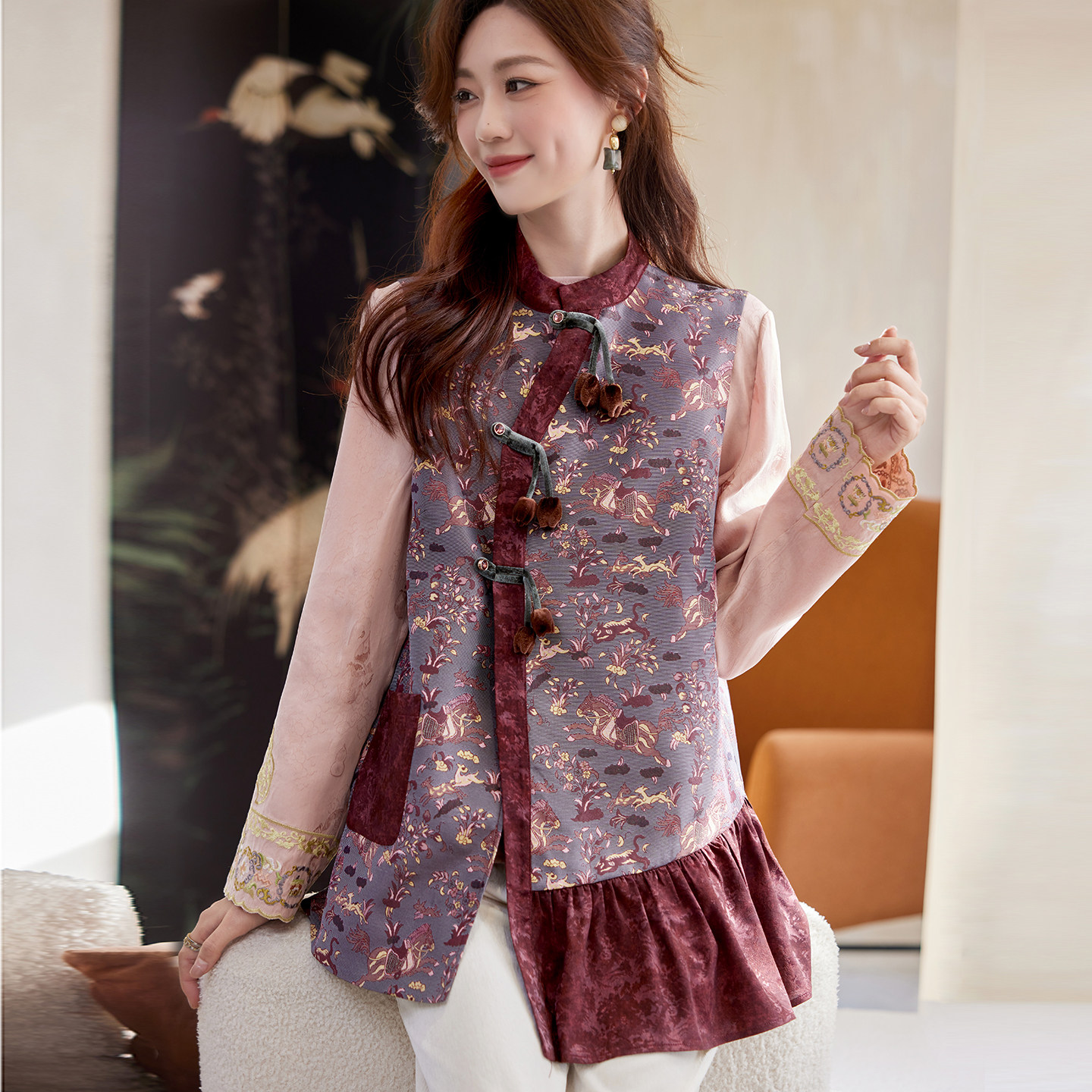 宝诗黎中长款提花拼接马甲2026春季洋气新中式休闲百搭气质外套女,女装/女士精品,马夹,淘宝优惠券,粉丝福利购,淘宝优惠卷