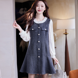 宝诗黎蕾丝钉珠拼接连衣裙2025冬季 气质韩系假两件小香风休闲裙