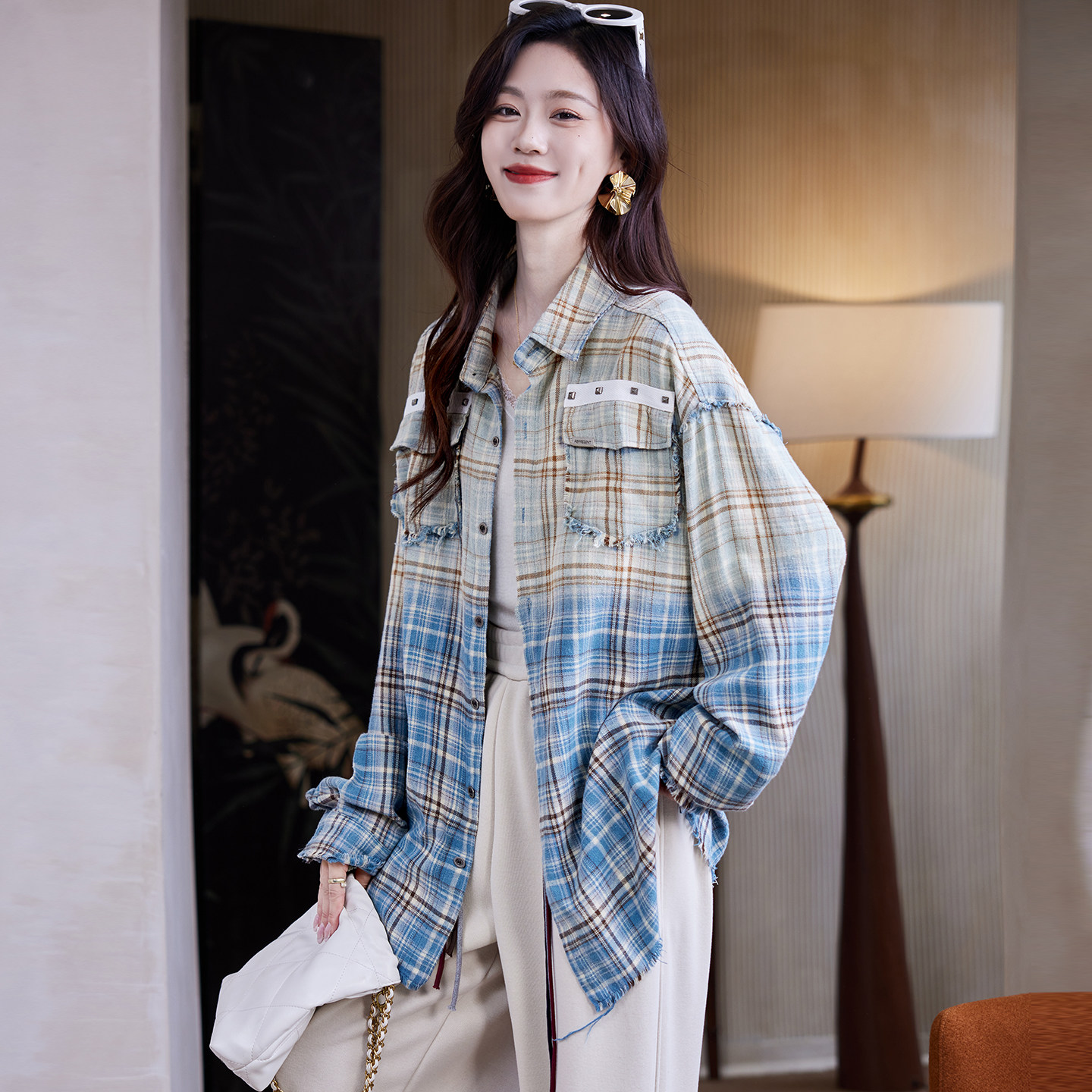 宝诗黎翻领格子渐变衬衫