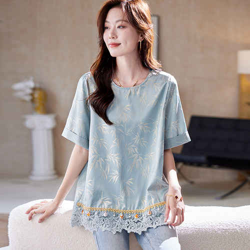 宝诗黎圆领蕾丝提花雪纺衫