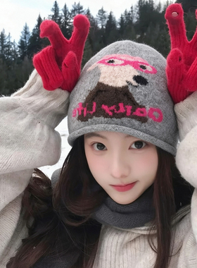 韩版可爱卡通小狗堆堆帽女秋冬护耳防寒百搭保暖学生甜美包头帽潮