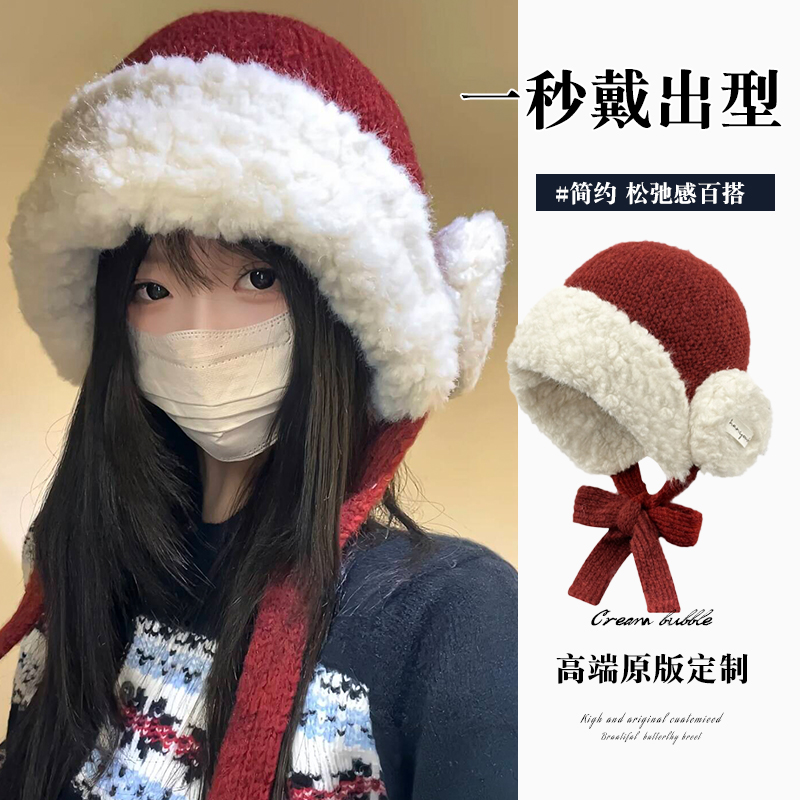 寒冬加厚保暖红色毛线帽女百搭时尚甜美骑车绑带御寒显脸小雷锋帽
