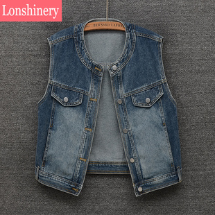 今年春秋新款 圆领牛仔背心坎肩宽松百搭潮 复古做旧牛仔马甲女短款