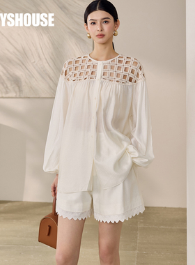 罗衣2025秋时尚镂空纯色上衣裤子两件套12566