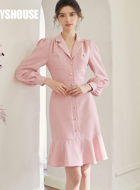 罗衣小香风西装肌理感连衣裙女2025春装新款灯笼袖鱼尾裙子06970