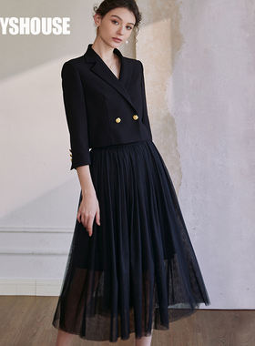 罗衣知性职业黑色西装套装2025秋装新款外套半身纱裙两件套08077