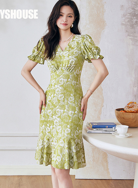 罗衣新中式提花连衣裙夏装修身鱼尾裙子08828
