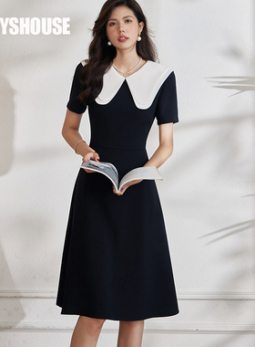 罗衣2025夏季法式娃娃领黑色大摆连衣裙08497