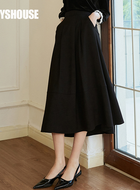 罗衣高级优雅黑色百褶半身裙2024秋季新款通勤肌理感大摆裙09656