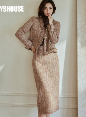 罗衣小香风粗花呢两件套2024冬季新款肌理感外套半身裙套装07711