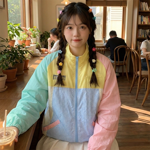 日系软妹童趣卡通字母刺绣格子拼接撞色冲锋衣鬼马少女防晒衣外套