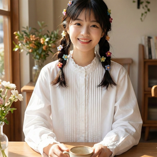 日系软妹重工风琴压褶木耳边小立领宽松长袖纯棉白衬衫小个子上衣