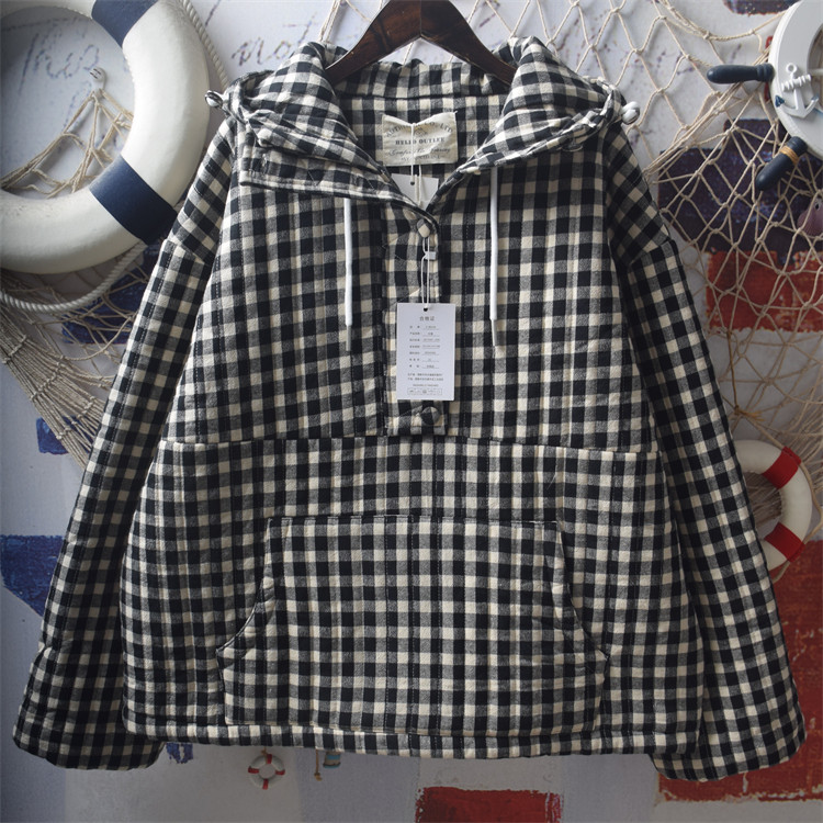 夹棉加厚连帽格子棉衣棉服外套女