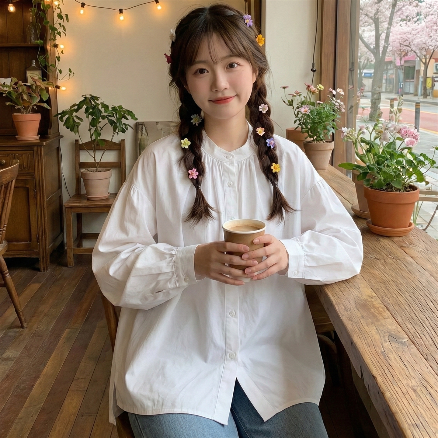 日系软妹设计感长袖纯棉衬衫女灯笼袖慵懒宽松立领娃娃衫上衣春新