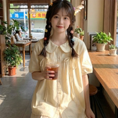 女 衬衣娃娃衫 日系软妹高级感手工褶系带蝴蝶结法式 娃娃领宽松短袖