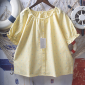 日系软妹小众法式 格子上衣 女夏宽松短袖 花边袖 口彩色点点提花小衫