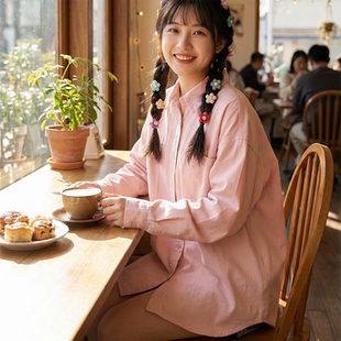 衬衣春新 高级感复古慵懒宽松长袖 日系软妹别致粉色衬衫 女春秋法式