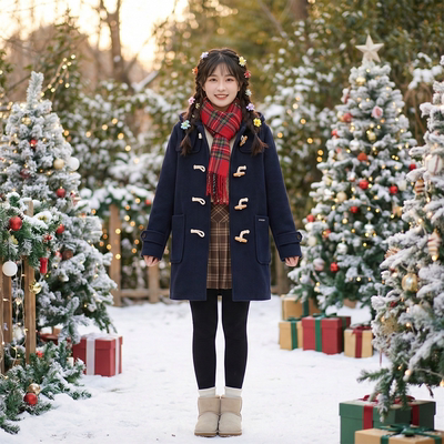 大口袋牛角扣夹棉毛呢大衣外套女