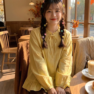 日系软妹木耳花边小立领系带蝴蝶结纯棉衬衫 上衣 女宽松设计感法式