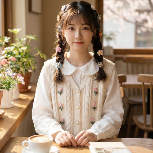 森女风立体花朵麻花针织开衫马甲