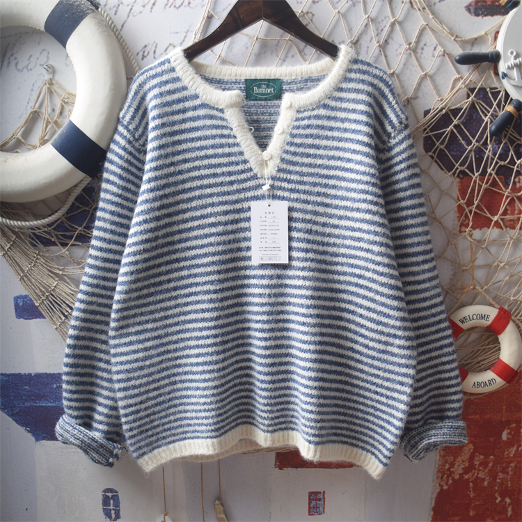 日系软妹慵懒风宽松套头条纹毛衣