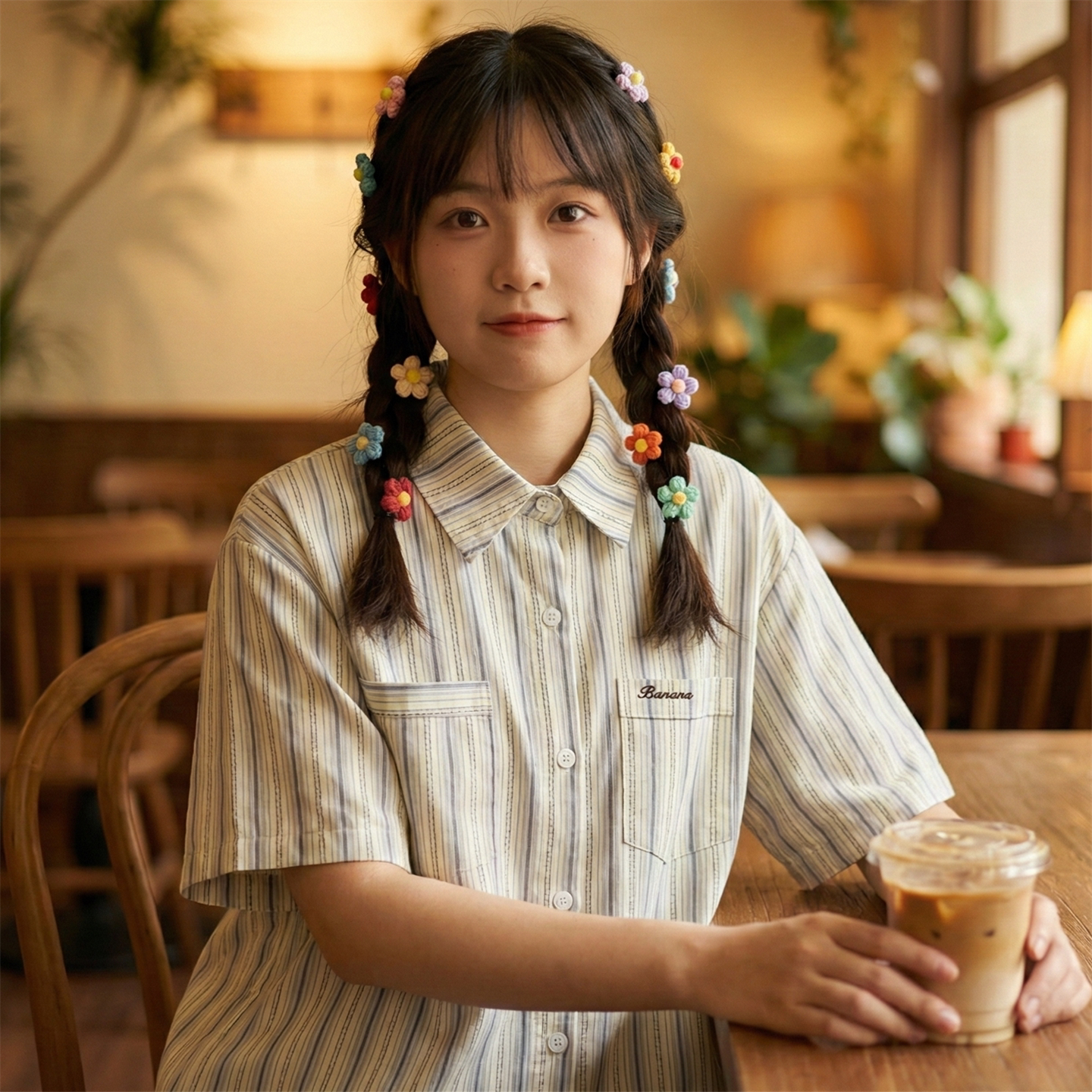 日系软妹学院风小清新字母刺绣口袋海岸线条纹显瘦短袖衬衫上衣女