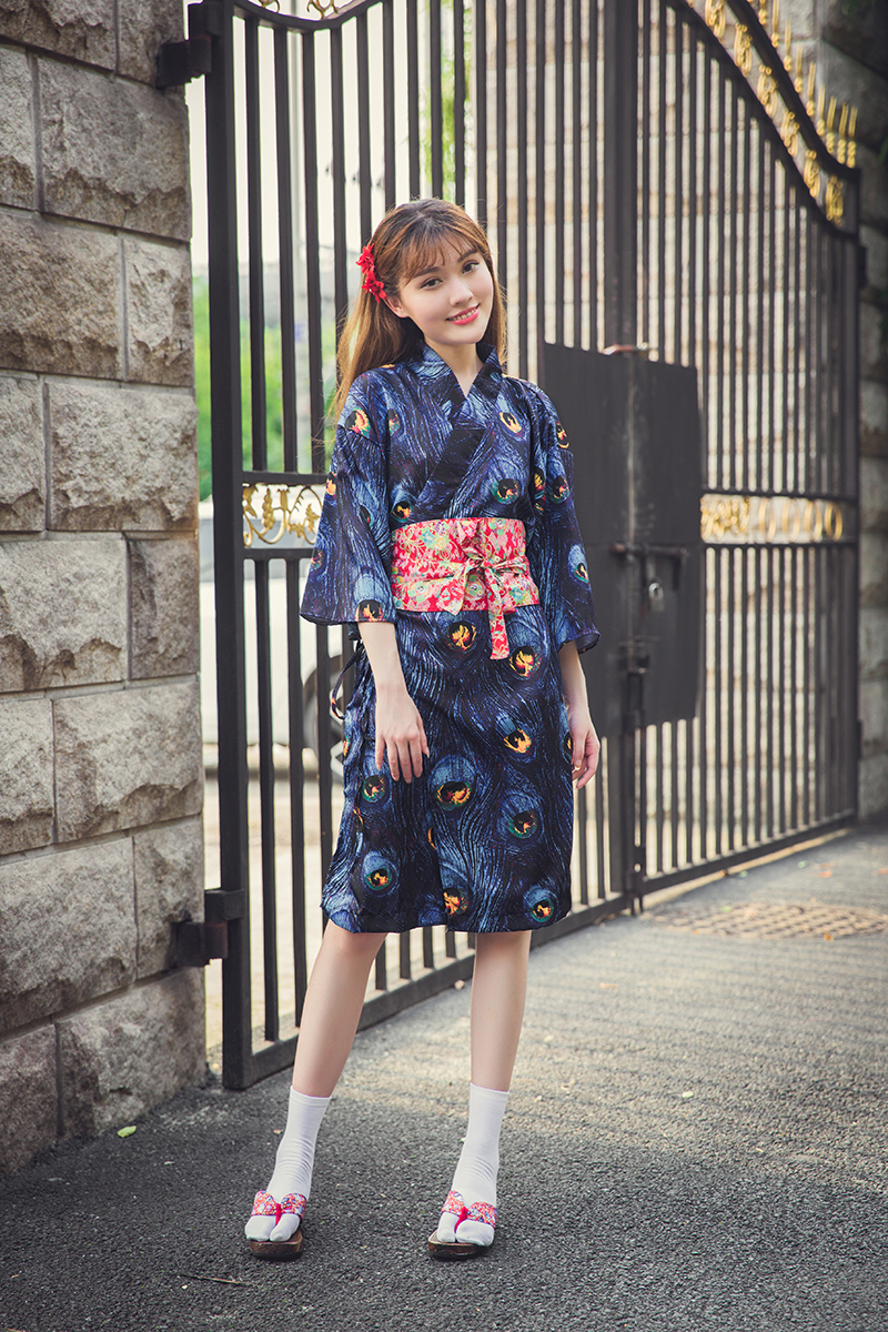 包邮日式和风 交叉孔雀浴衣连衣裙 浮世绘复古日本改良和服 长款