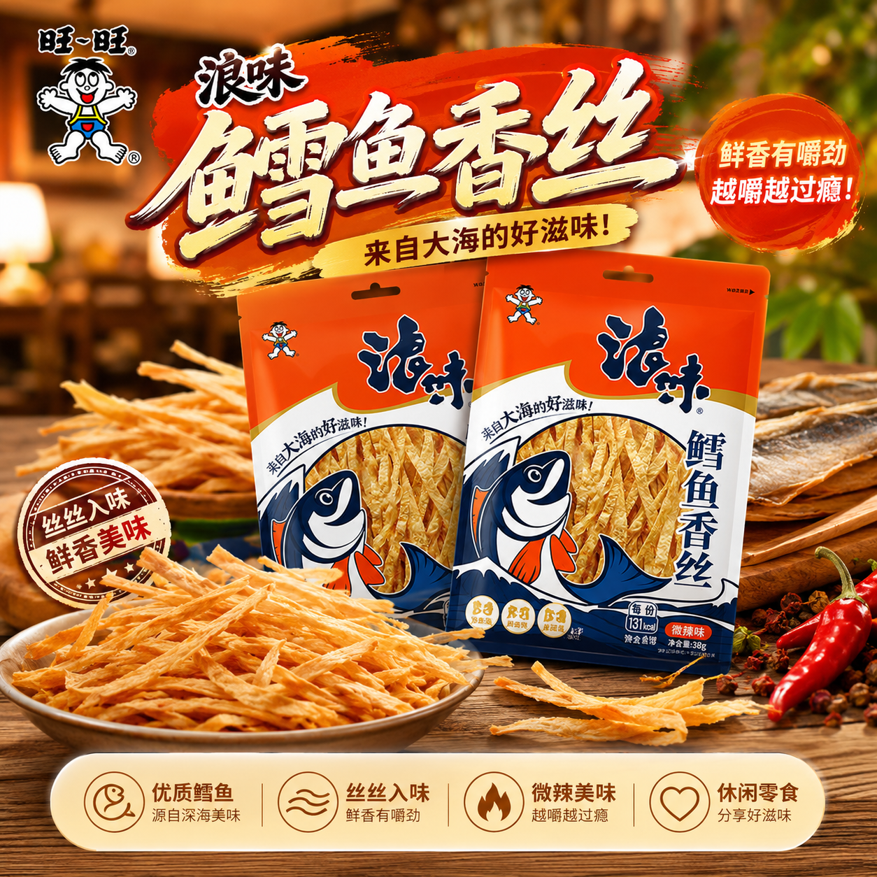 旺旺无聊派鳕鱼香丝38g微辣味鱼类即食休闲办公室出游追剧小零食