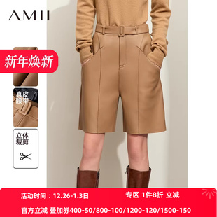 真皮裤 女配腰带五分裤 子 复古帅气羊皮革休闲中裤 Amii2025秋新款