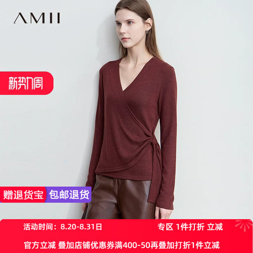 Amii【法式优雅】2024秋V领不规则绑带修身针织衫优雅打底衫上衣
