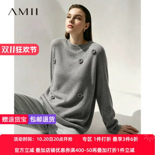 Amii2026秋新款立体玫瑰花圆领落肩袖超宽松毛衣女马海毛钩花上衣