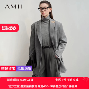Amii2026秋新款男友风超宽松中长小落肩斜纹大廓形西装外套女